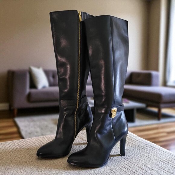 Michael Kors Black Leather Knee-High Boots Gold Hardware  Size 7.5M - Picture 1 of 9